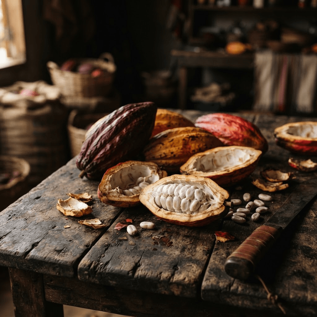 Freshly harvested Ecuadorian cacao pods and beans
