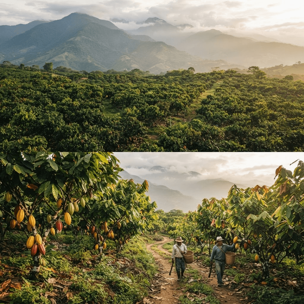 Ecuadorian cacao plantation at golden hour